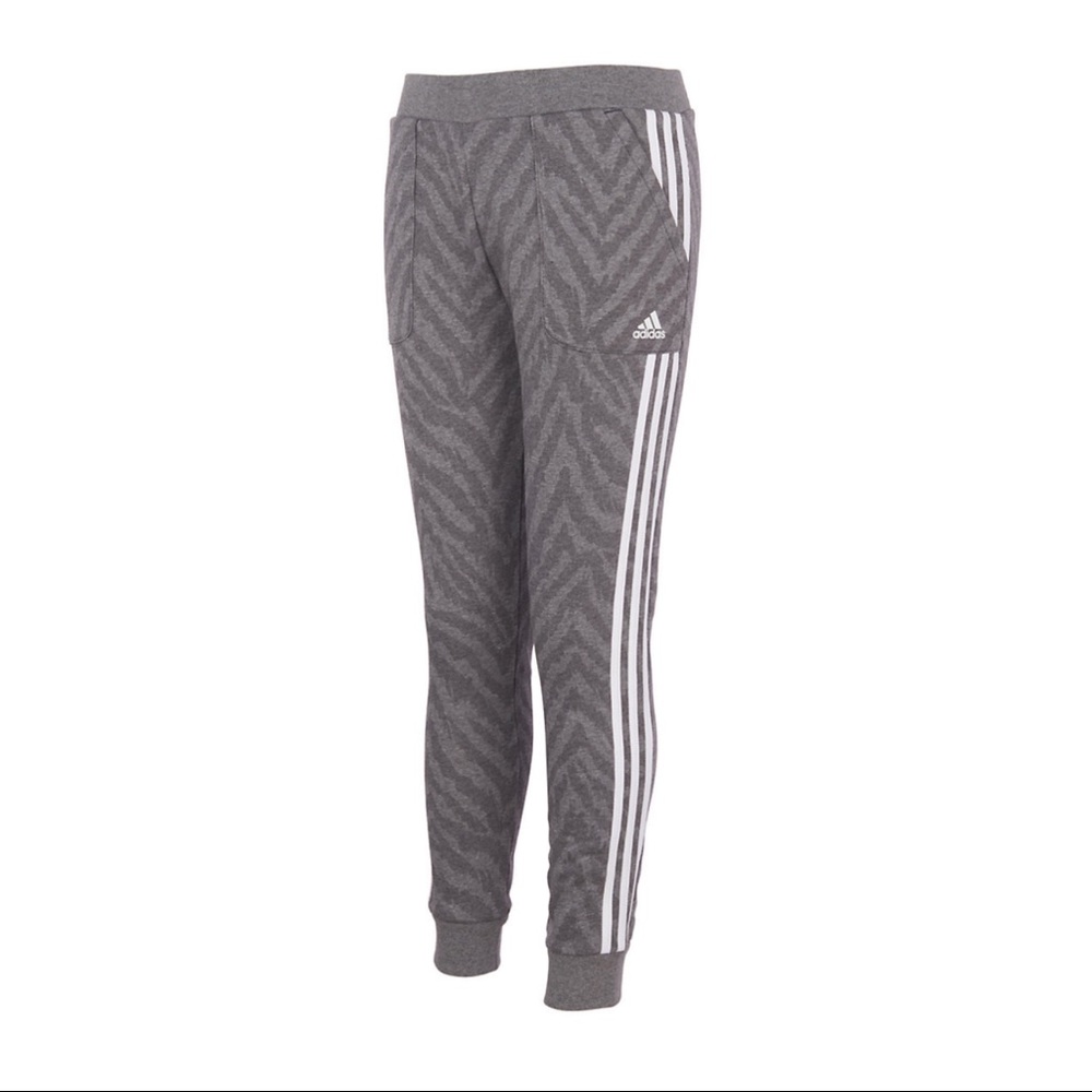 NWT Girls adidas Allover Print Fleece Joggers Grey Kids Size S (7/8)